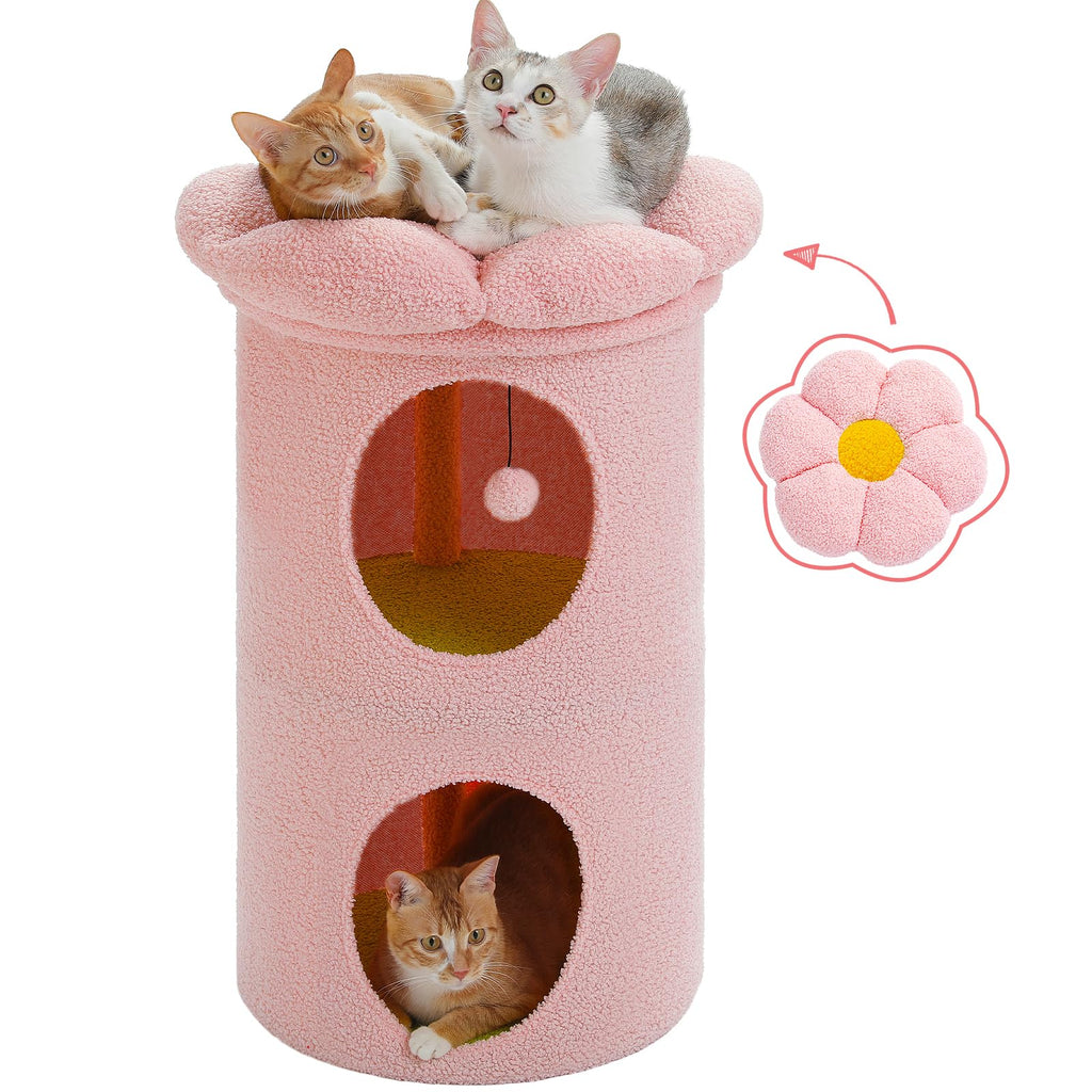 PETEPELA 2-Level Cat Beds for Indoor Cats Cat Tree Cat House with Removable Flower Cat Bed Cute Cat Bed Cave Cat Hideaway Bed Indoor Cat Tree Condo for Large Cats 20X20X28.7 Inches Pink