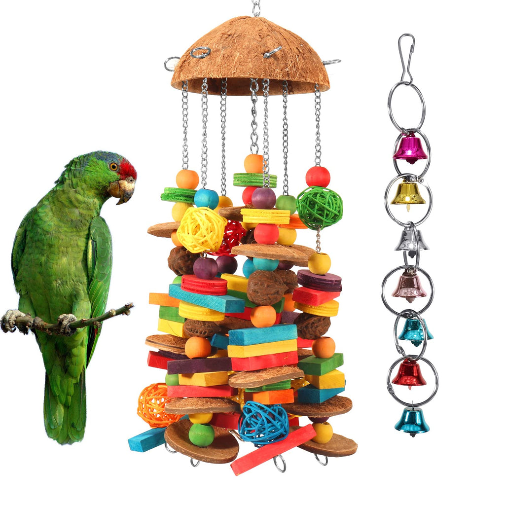 Lifeunion Bird Parrot Toys Natural Large Parrot Blocks Toy Colorful Bird Chewing Toys with Bells for Macaw Cockatoo African Grey Parakeets (Multicolor 01)