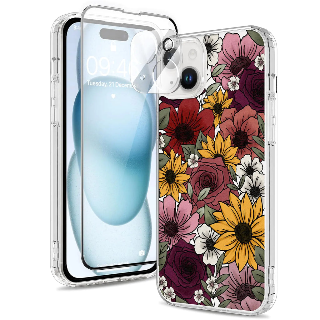 Fsoole for iPhone 15 Case [Compatible with MagSafe] Aesthetic Forest Floral Magnetic Phone Case [with Screen + Camera Protector] Sunflower Pattern Print Clear Shockproof Cover for Women Girls