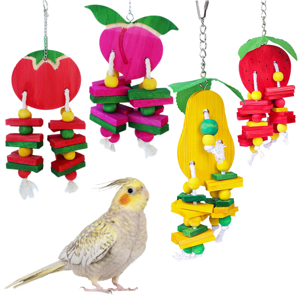 Hamiledyi 4 PCS Bird Toys Parrot Toys Multicolor Natural Wooden Block Bird Chewing Toys Parrot Cage Bite Toys for Conures Parakeets Cockatiels Lovebirds African Grey Macaws Amazon Parrots