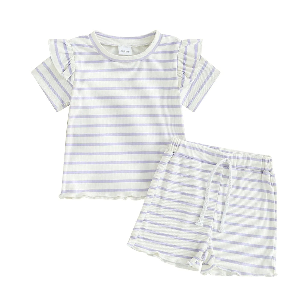 Mandizy Toddler Baby Girl Clothes Summer Waffle Knit Ruffle Short Sleeve Striped Print T-Shirt Tops Shorts Set Outfit (Purple Striped 2-3 Years) - My Store