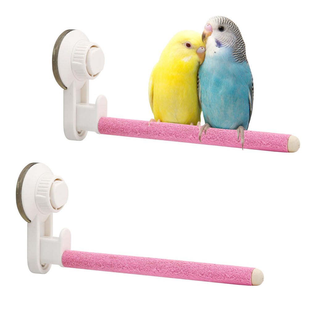 2Pcs Suction Cup Bird PerchWooden Parrot Window/Mirror/Car/Travel/Shower Perches Stand Quartz Portable Parakeet Grinding Stick Training Toys for Small and Medium Birds(Pink)