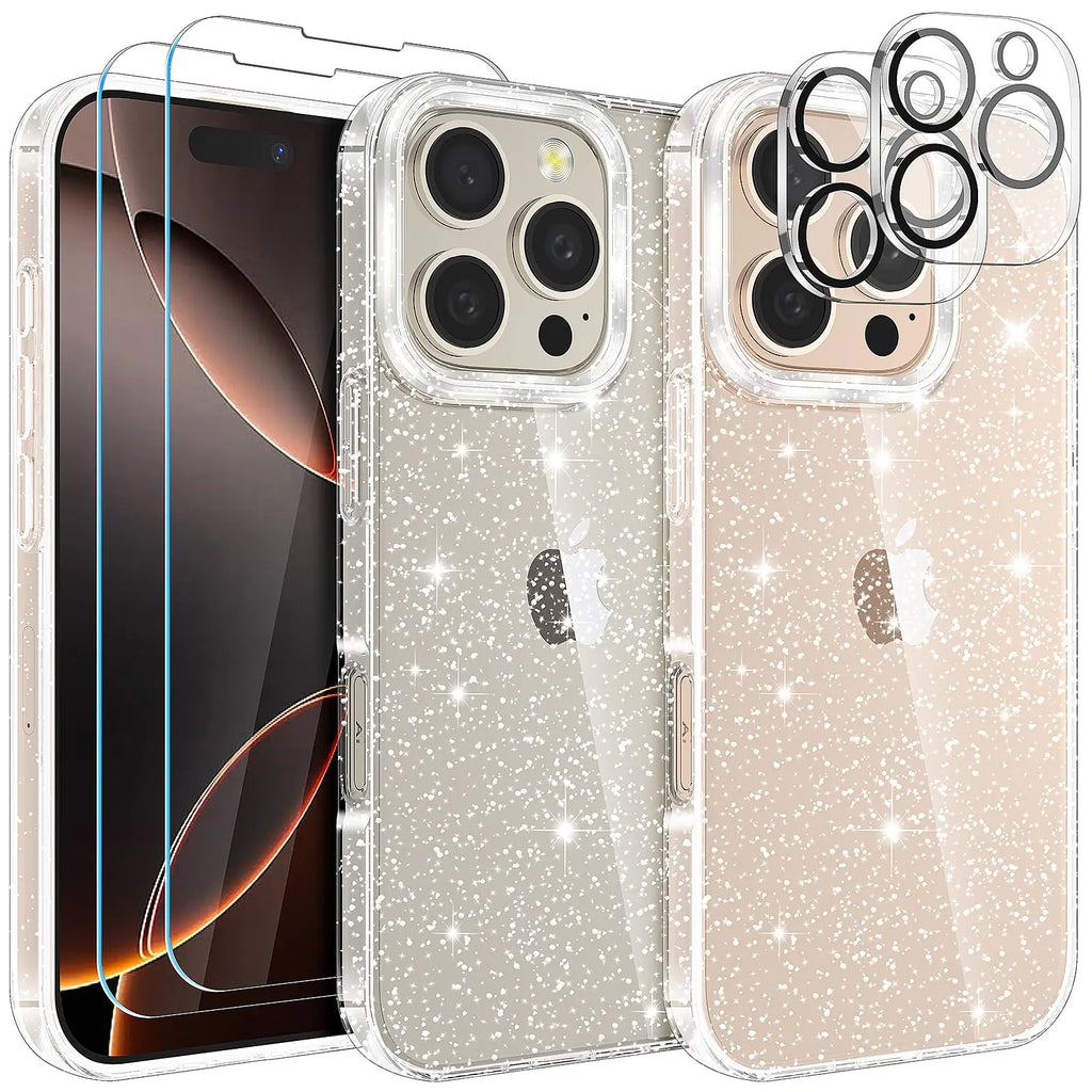 KSWOUS Glitter Case for iPhone 16 Pro Max with Screen Protector[2 Pack] + Camera Lens Protector[2 Pack] Cute Clear Bling Sparkle Phone Case Soft TPU Shockproof Cover for Women Girls (Glitter)