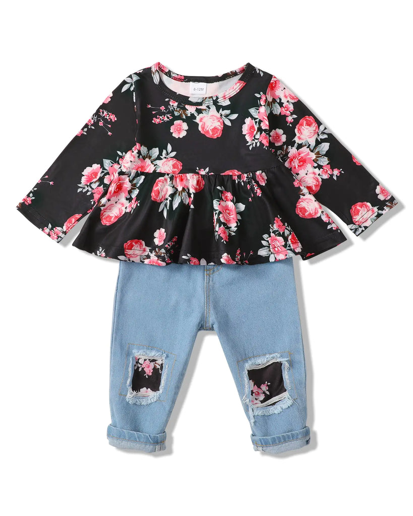 SANMIO Toddler Girl Clothes Baby Girl Outfits Cute Floral Long Sleeve Ruffle Shirt and Jeans Pants Fall Winter Clothing Set - My Store