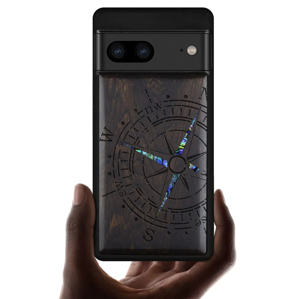 Carveit Designer Wooden Case for Google Pixel 7 Case Protective Cover [Wood Engraving & Shell Inlay] Unique Wood Phone Case Compatible with Wireless Chargers Pixel 7 Case (Compass-Blackwood)
