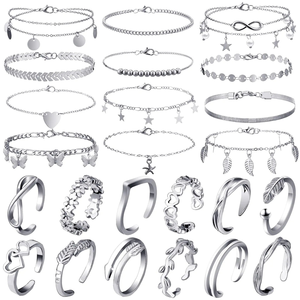Sasylvia 24 Pcs Anklet and Toe Ring Set for Women Silver Gold Layered Anklet Chain Adjustable Open Toe Ring Foot Jewelry(Silver)