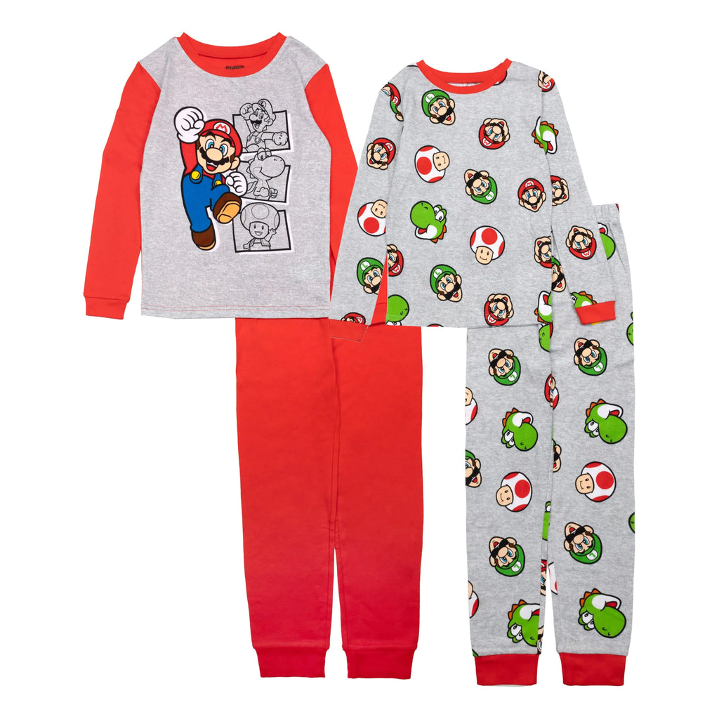 Super Mario Boys 4-piece Cotton Pajama Set Red/Grey 6 - My Store