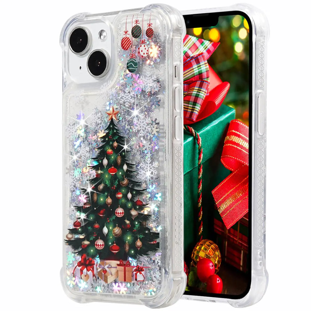 FLOCUTE Glitter Christmas Case Compatible with iPhone 15 Glitter Case Christmas Tree Clear Soft TPU Rubber Bumper Girly Women Cute Liquid Holiday Case for iPhone 15 6.1‘’(Christmas Tree)