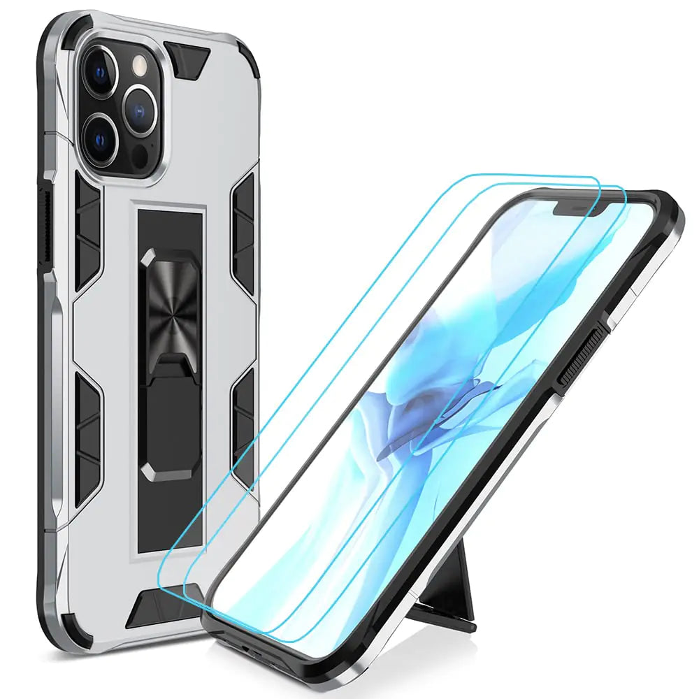 Military Grade Drop iPhone 12 Pro Max Case with Tempered Glass Screen Protector Shockproof with Kickstand Stand Built-in Magnetic Car Mount Protective Case for iPhone 12 Pro Max Phone Case (Silver)