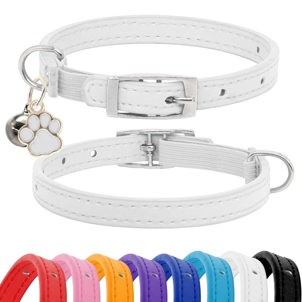 Giecooh Cat Collar Soft Leather Cat Collar with Bells Safe Collars with Cute Paw Charm for Male Female Cats 8-11” White