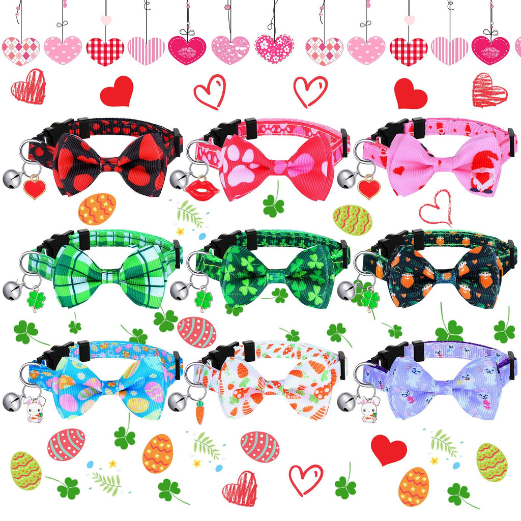 Sadnyy 9 Pcs Valentines Day Cat Collars Holiday Cat Collars Breakaway St. Patricks Day Cat Collar with Bow Tie and Bell Adjustable Easter and Safety Buckle Collars for Kitten Puppy Daily(Medium)