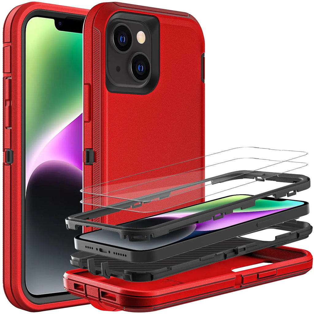 HONG-AMY for iPhone 13 Case/iPhone 14 Case Heavy Duty Protection 3-Layers [Shockproof] [Dropproof] [Anti-Slip] Phone Cover [with 2 Tempered Glass Screen Protectors] (Red/Black)