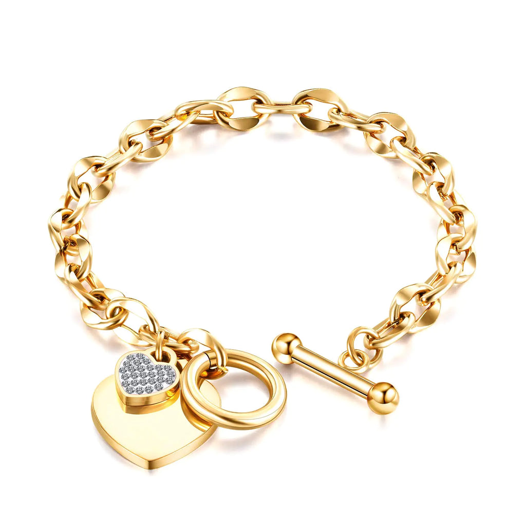 kelistom 316L Stainless Steel Love Heart Charm Bracelet for Women Romantic Gift Silver/Rose/18k Gold Plated OT Clasp Bracelets (18k gold-1)