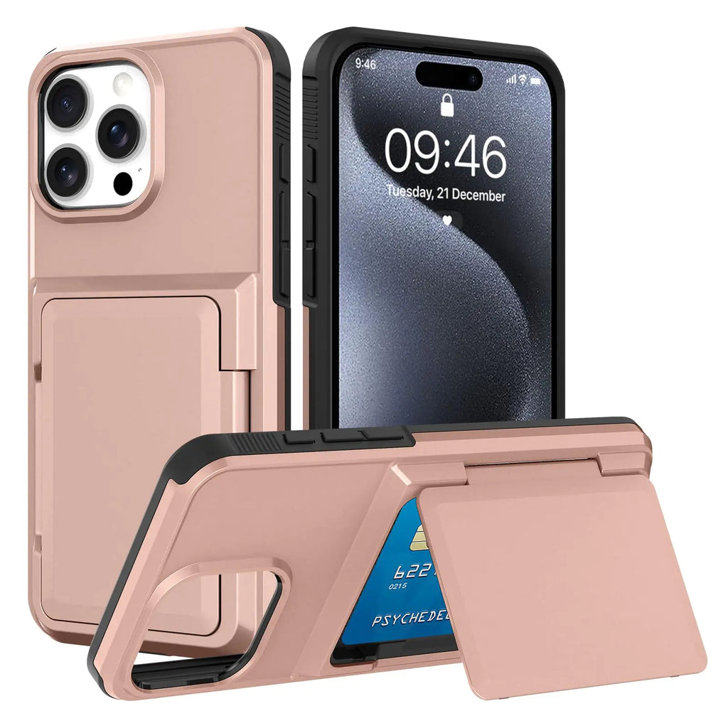 Marphe Flip Wallet Case for iPhone 15 Pro Max Case with 3 Credit Card Holder Slot Shockproof Cover Hybrid Heavy Duty Protection Armor Phone Case Rose Gold Pink