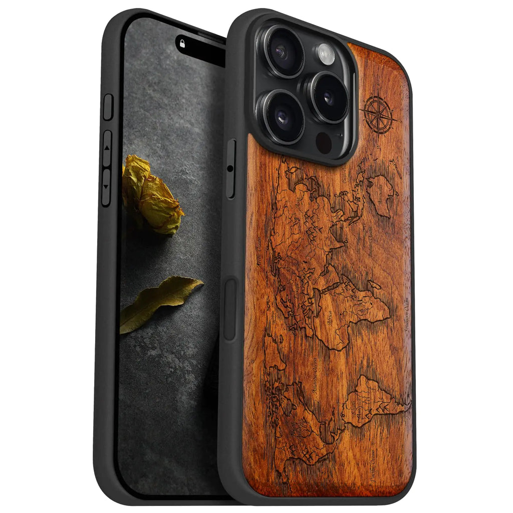 Carveit Magnetic Wood Case for iPhone 16 Pro Case [Solid Wood & Black Soft TPU] Shockproof Protective Cover Unique Wooden Case Compatible with magsafe (Compass Maps -Red Wood)