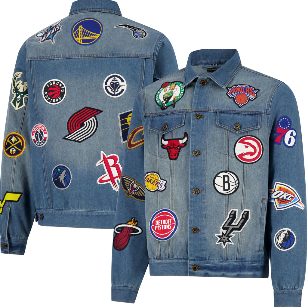 Ultra Game NBA Multi Team Mens Distressed Patch Jean Jacket Denim Small