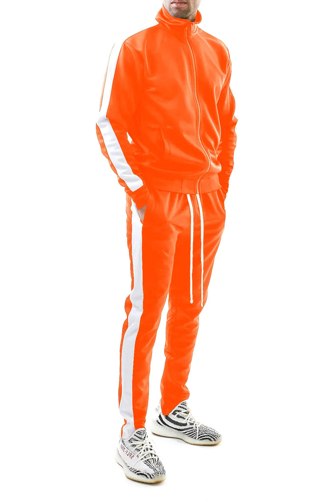 Bleecker and Mercer ReetUp Men Tracksuit Set Jacket and Pants w/Zipper Pockets- Active Gym Running Track Joggers (ST500- ORANGE/White Side XL)