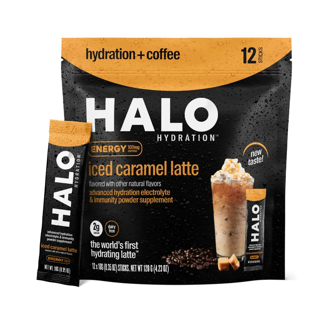HALO Iced Caramel Latte - Energy Drink Powder – Healthy Coffee Mix for Hydration with Electrolytes Caffeine Vitamins and Minerals - 20 Calories - Keto and Low Calorie - 1 x 12 Sticks