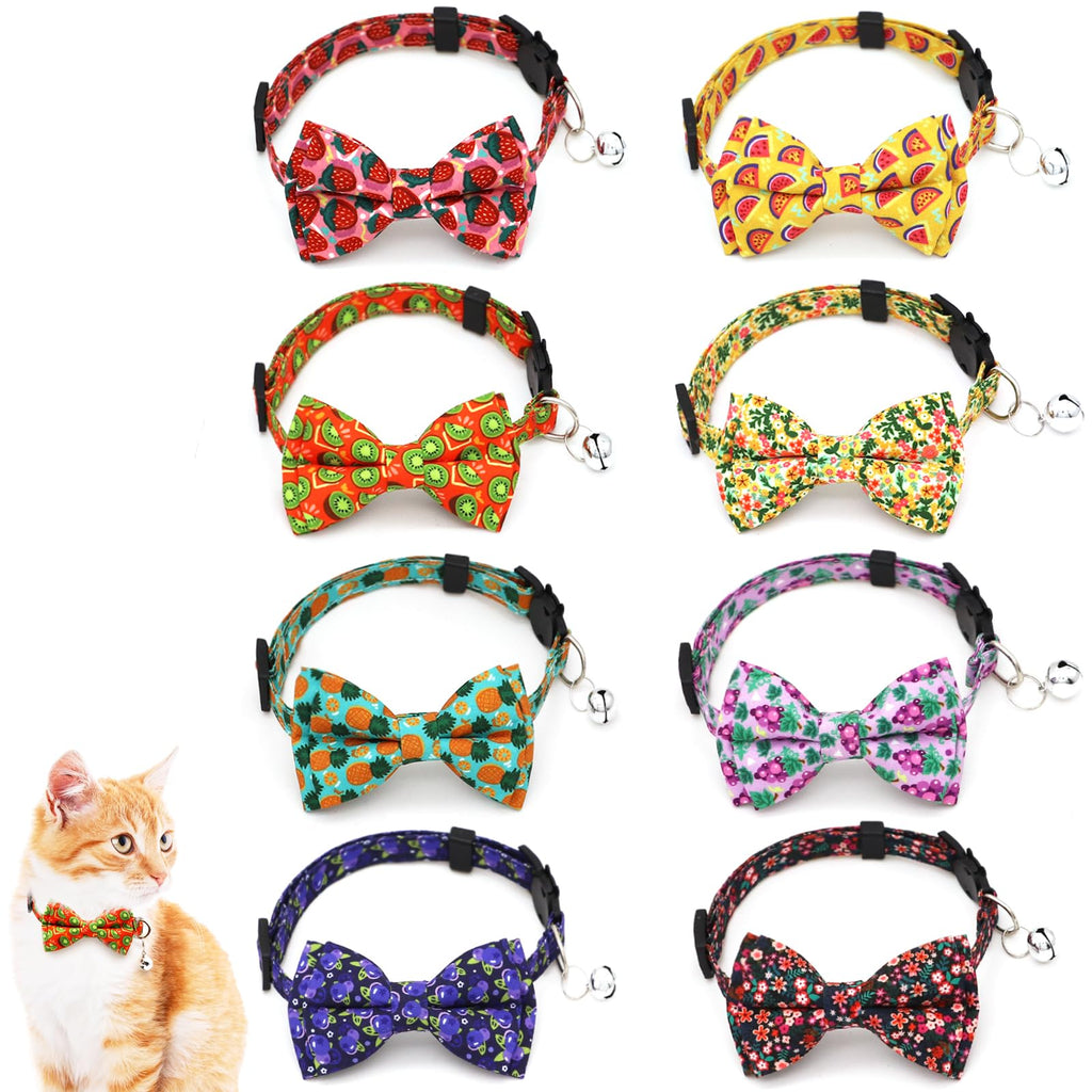 COMSUN 8 Pack Polyester Cat Collars with Bowie Bow Breakaway Kitten Collars with Removable Bell Adjustable Cat Collars for Girls Boys Cats Fruit Pattern (9-12 inches)