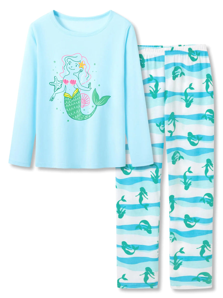 Beezizac Cotton Sleepover Pajama Set for Little & Big Girls Blue Mermaid Long Sleeve Set 2-Piece PJ Size 16 - My Store