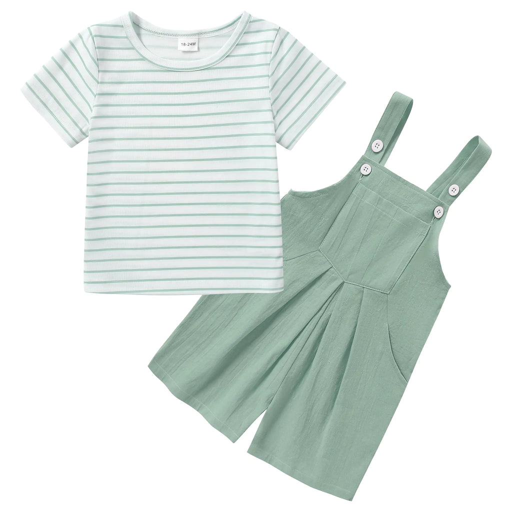 ZOEREA Toddler Girl Clothes 2Pcs Baby Girl Outfits Spring/Summer Stripe/Floral T-Shirt+Bib Overall Shorts Clothing Set 1-5T (Green A 2-3T) - My Store