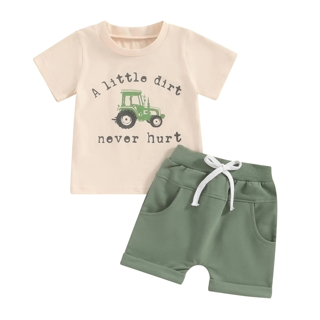 Newborn Baby Boy Summer Outfit Letters Short Sleeve T-shirt Top Elastic Waist Shorts Set Summer Clothes 2Pcs (A-Beige0-6 Months) - My Store