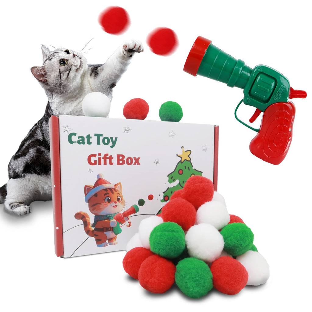 JPTECY Cat Toys Ball Launcher 31pcs Christmas Cat Toys for Indoor Cats Festive Cat Toys Kitten Toys Interactive Cat Toy Cat Balls Fetch Toy with Pom Pom Balls