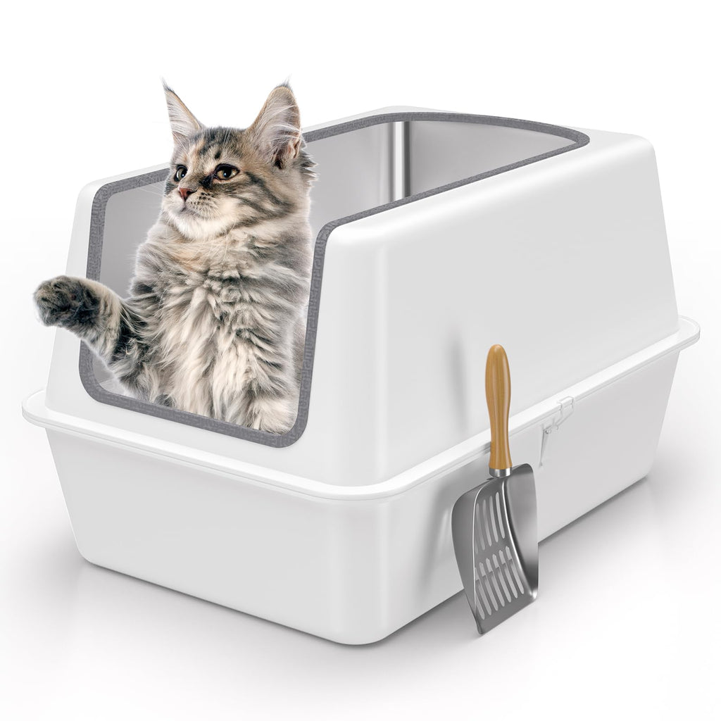 All Stainless Steel Teflon Coated Cat Litter Box with LidExtra Large Enclosed Litter Box with High Sides CoverXL Metal Litter Boxes for Big&Multiple KittyAnti LeakageEasy CleaningMetal Scoop