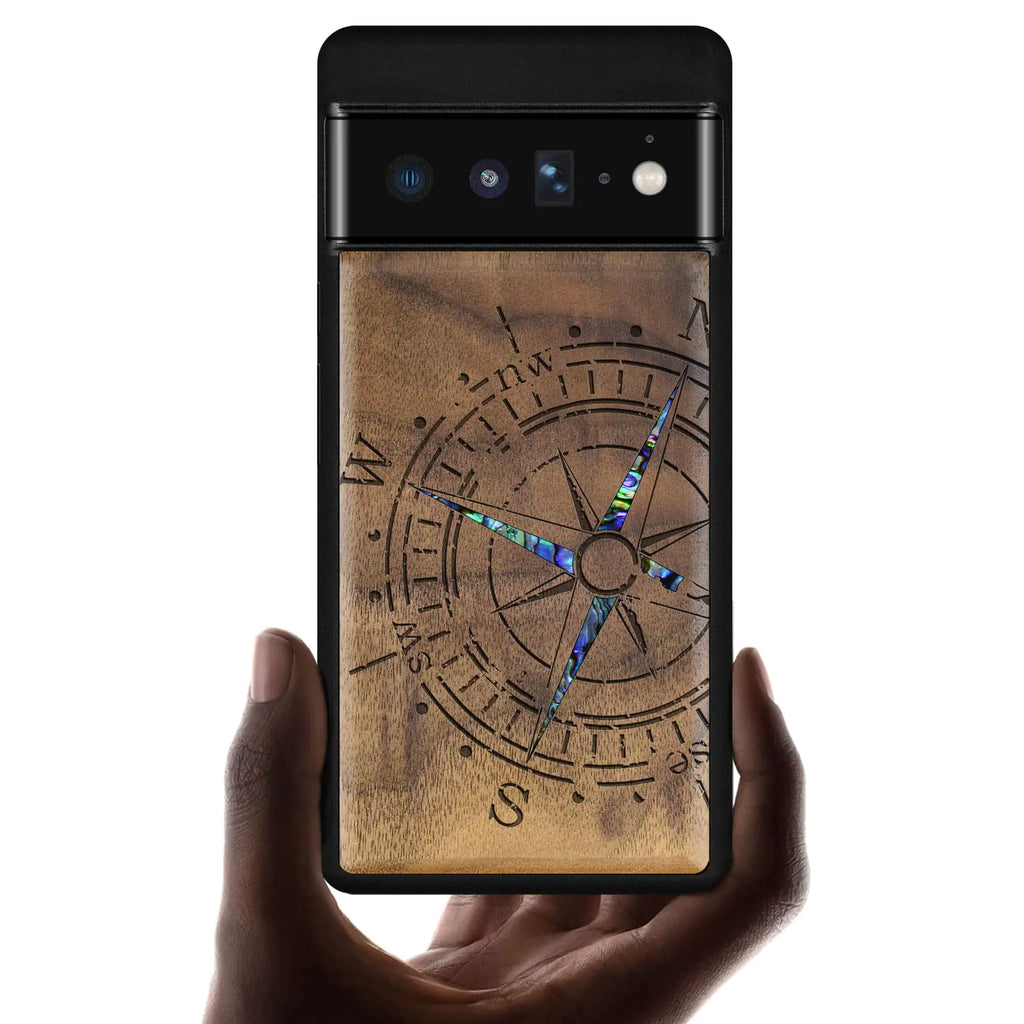 Carveit Designer Wooden Case for Google Pixel 6 Pro Case Cover [Wood Engraving & Shell Inlay] Unique Wood Phone Case Compatible with Wireless Chargers Pixel 6 Pro Case (Compass-Walnut)