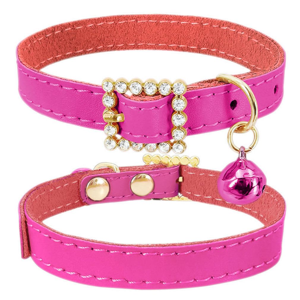 Hot Pink Dog Collars with Bell Diamond Buckle Bling Puppy Collar Soft Cown Leather Female Kitten Collars with Bells for XXS XS Small Tiny Girl Dogs Pet Cats XXSmall