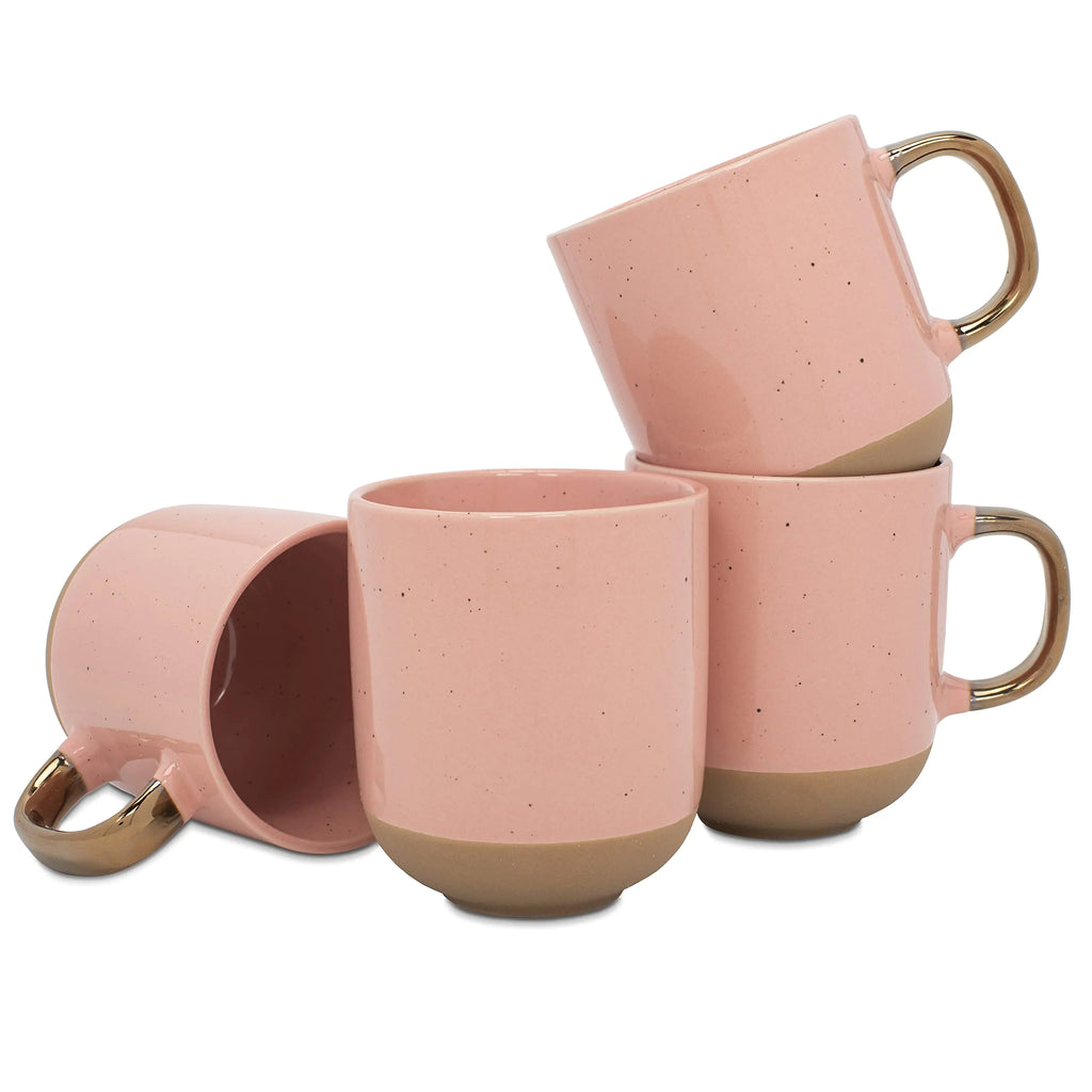 Elanze Designs Speckled 24 ounce Ceramic Coffee Cup Mugs With Metallic Handle Set of 4 Pink