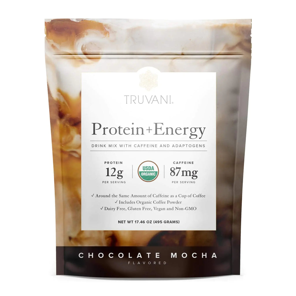 Truvani Protein + Energy Drink Mix with 87mg Caffeine | Chocolate Mocha | 12g Organic Plant Based Protein | 20 Servings | USDA Organic Coffee Powder & Adaptogens | Gluten & Dairy Free | Vegan