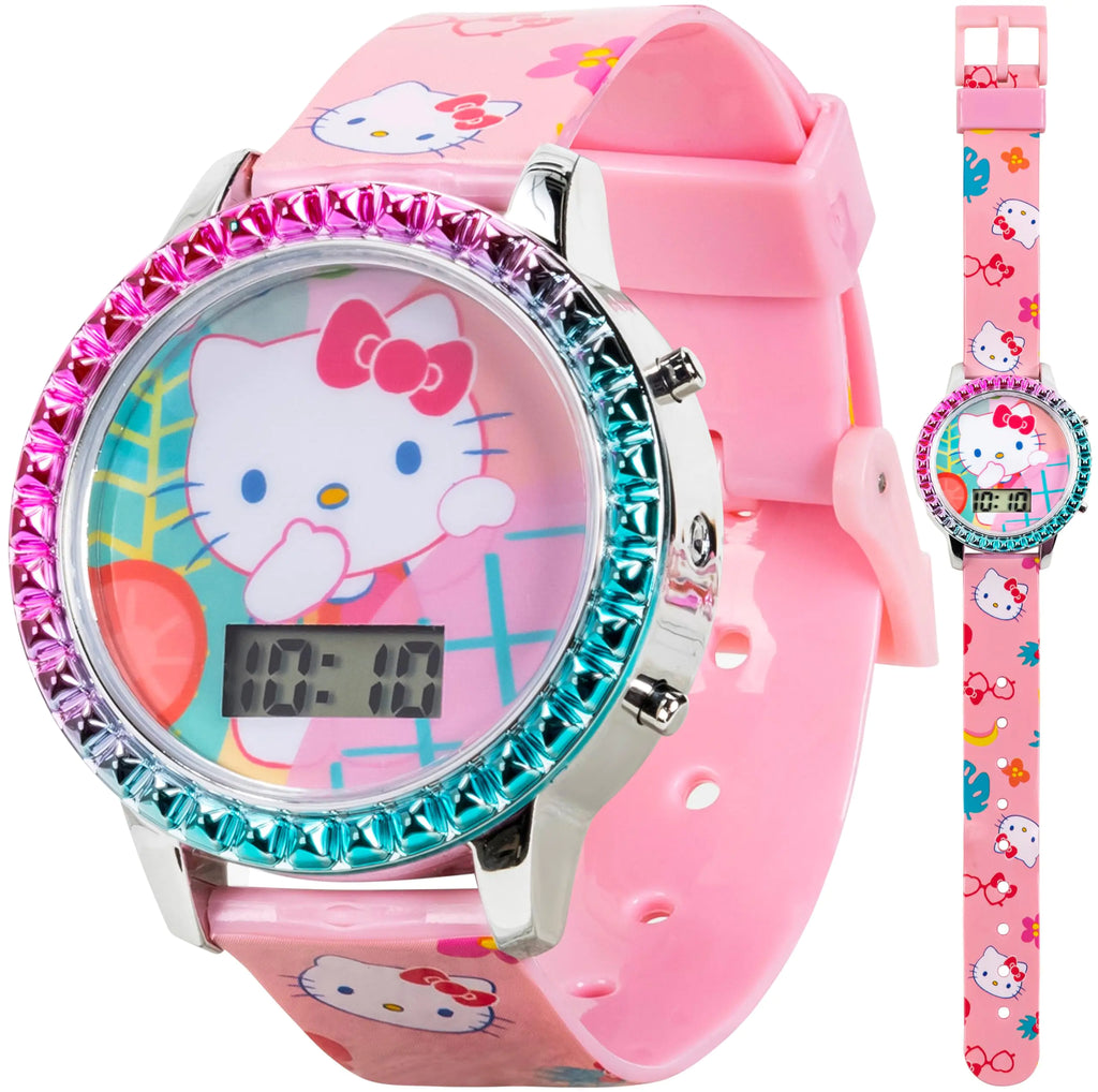 Accutime Sanrio Hello Kitty Girls Digital LCD Quartz Watch with Pink Strap and Colorful Bezel - Fun LED Light Show - Easy to Read Time for Kids