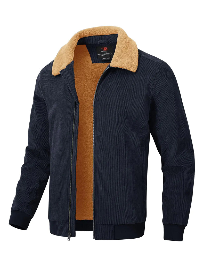 Rdruko Mens Corduroy Fleece Jacket Sherpa Lined Jacket Turn-Down Collar Full Zip Warm Winter Jacket Navy Blue M