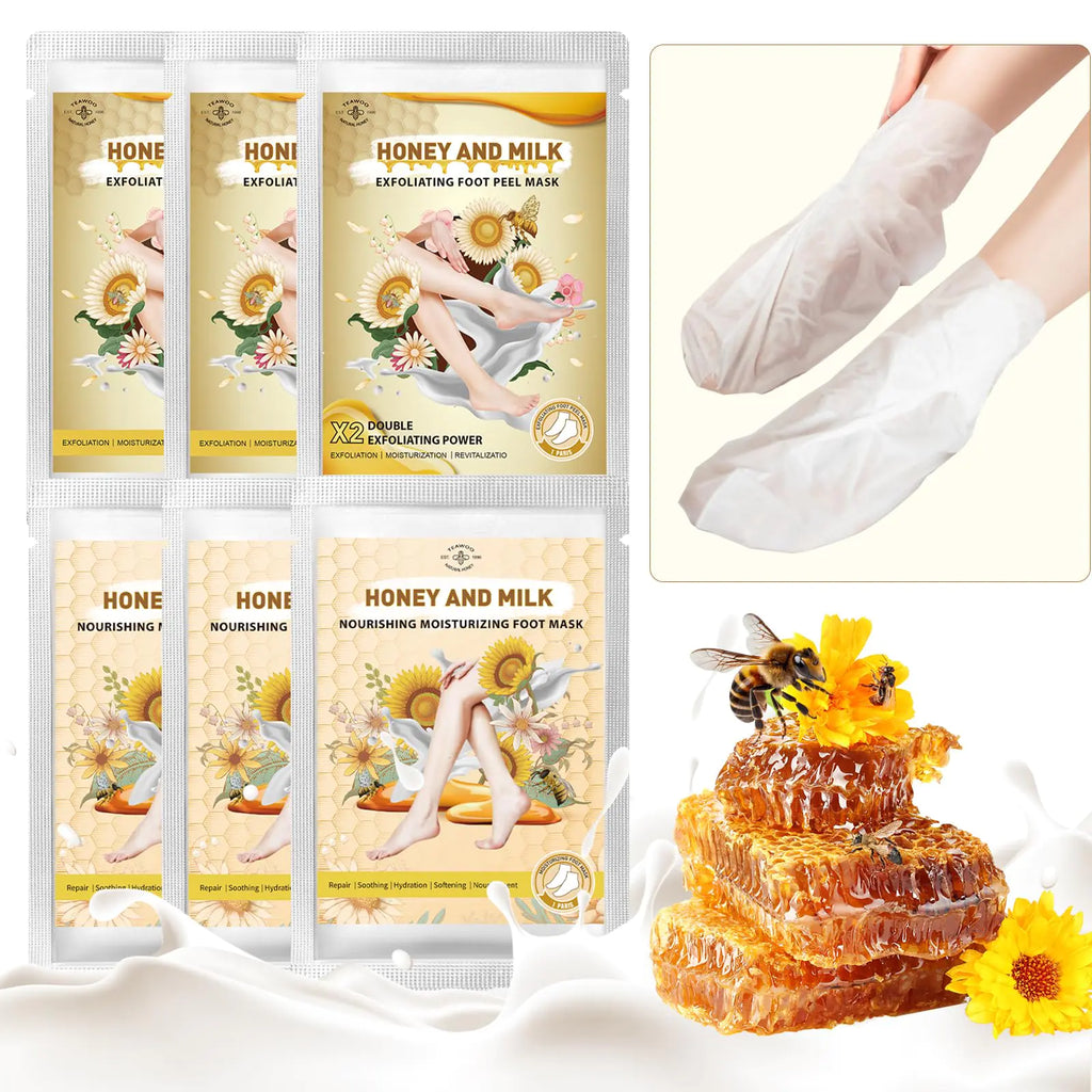 Foot Peel Mask 6 Pack 3 Pack Milk & Honey Exfoliating Foot Masks Plus 3 Pack Moisturizing Foot Mask Foot Mask for Dry Cracked Feet Callus Dead Skin. Hydrating Foot Masks for Baby Feet