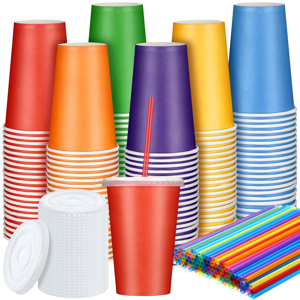 Colorful coffee cups with lids and straws