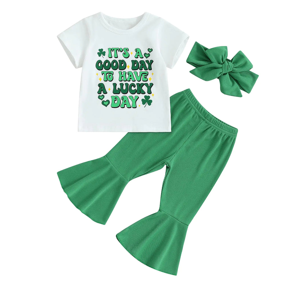 LAGKIYOJ Saint Patricks Day Outfit Toddler Baby Girl Shamrock T-shirt Four Leaf Clover Bell Bottoms 2Pcs Headband Clothes (Shamrock Green 6-12 Months) - My Store