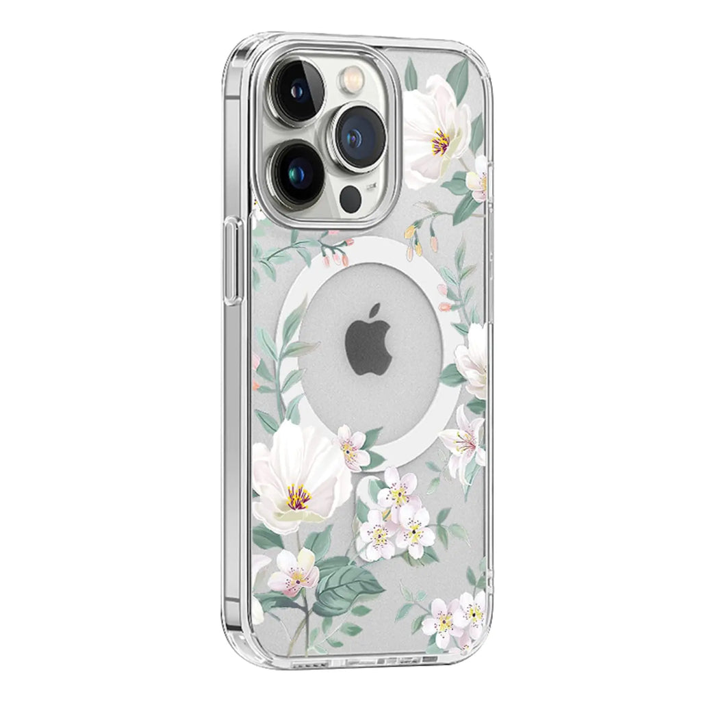 KELUOAS Clear Magnetic Case for iPhone 14 Pro Phone Case [Compatible with MagSafe Charger] Gardenia Floral Print Pattern Slim Anti-Scratch Cover for Women Girl