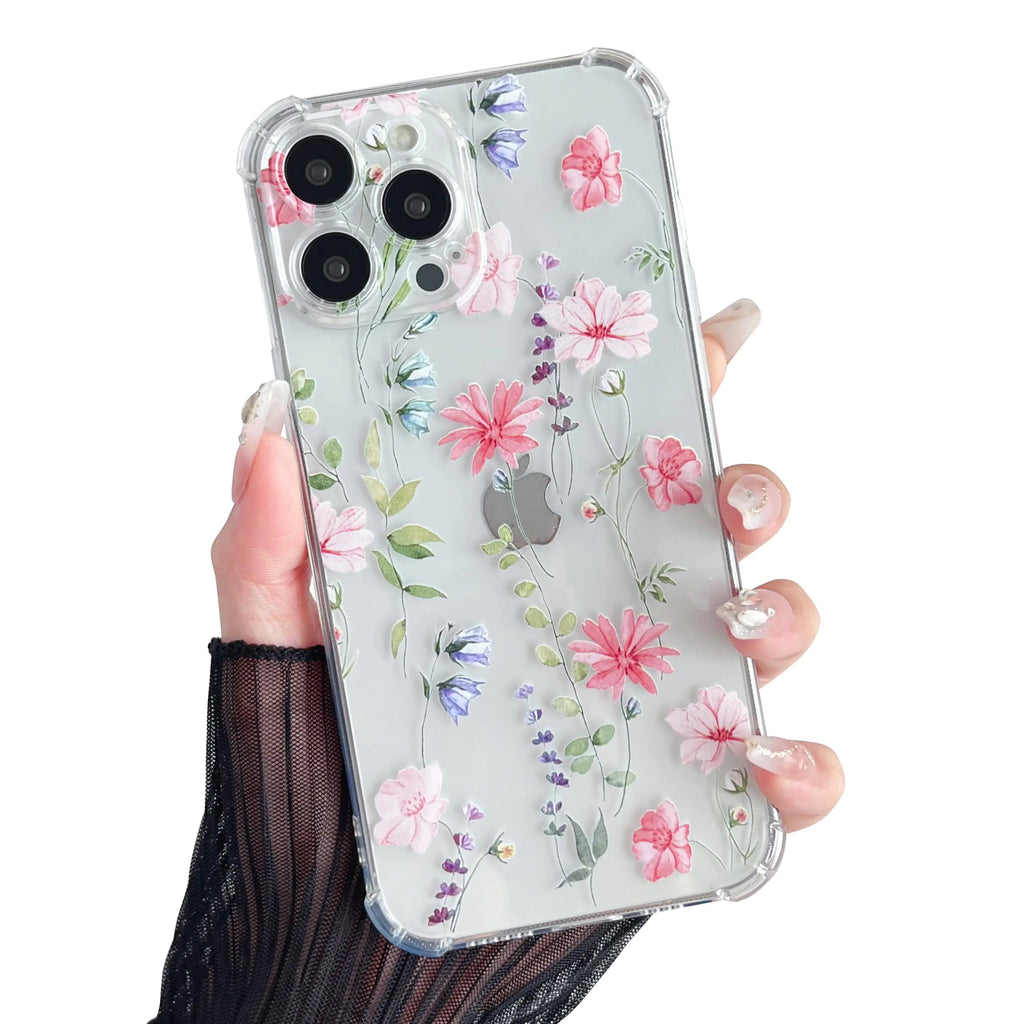 DEFBSC Soft Case Compatible with iPhone 15 Pro Clear Floral Flower Pattern Print Design Flexible TPU Shockproof Cover for Women GirlsFlower Protective Phone Case Pink Cosmos