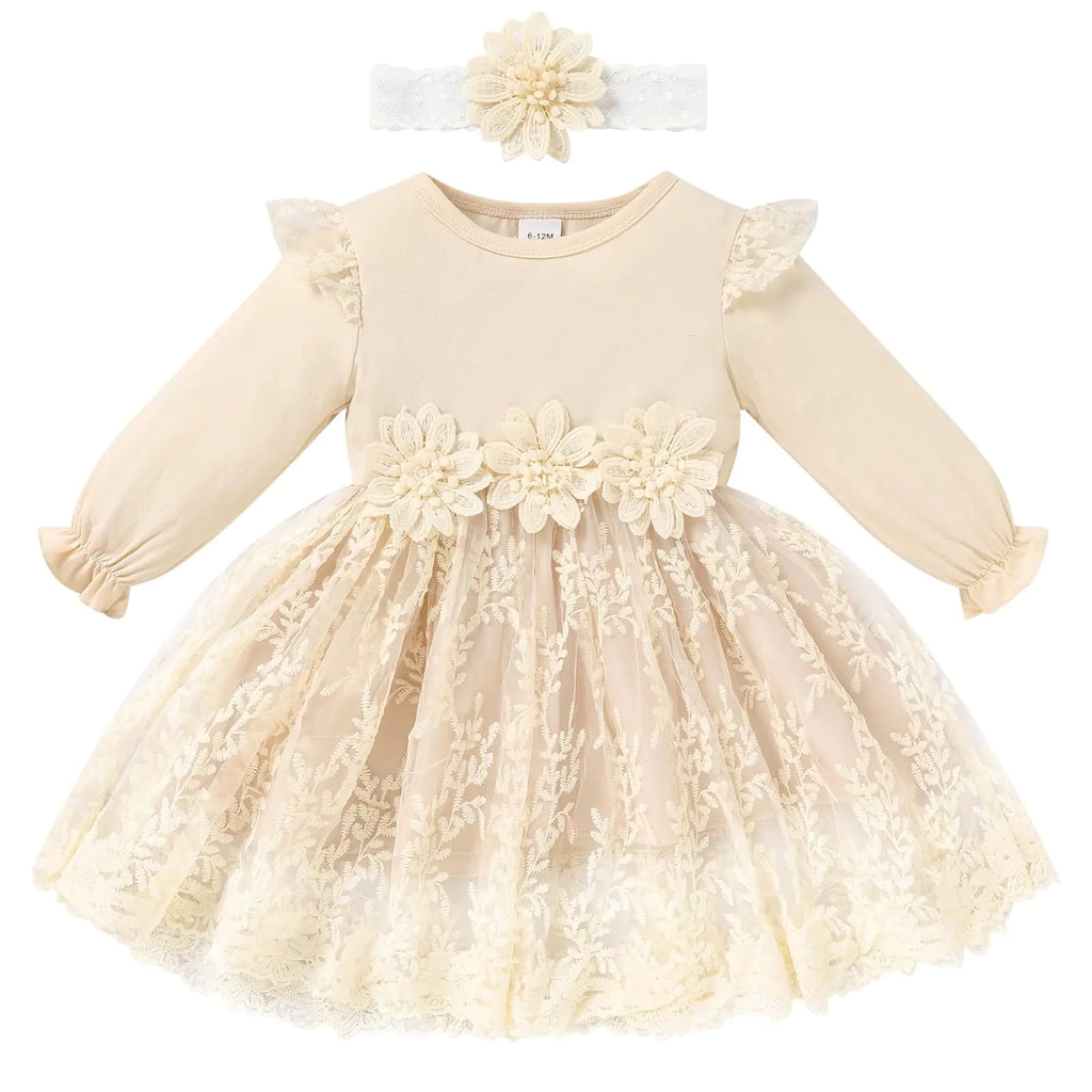 Baby Girl Dress Ruffle Sleeve Toddler Girl Dresses Infant Girls Long Sleeve Fall Winter Clothes Flower Tulle Dress with Headband（Apricot2-3T）