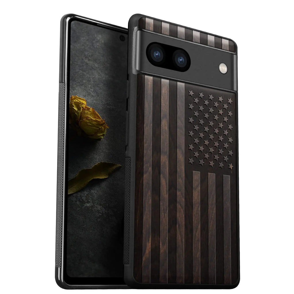 Carveit Wood Case for Pixel 7a Case [Natural Wood & Black Soft TPU] Shockproof Protective Cover Unique & Classy Wooden Phone Case Compatible with Google Pixel 7a Case (American Flag-Blackwood)