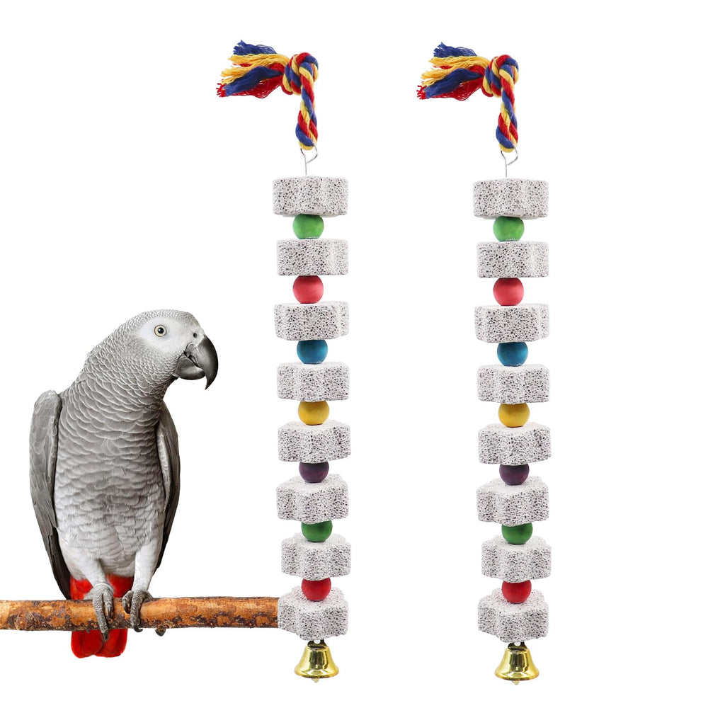 2 Pack Mineral Block Chew Toys for Birds Parrot Toys with Colorful Beads and a Bell Bird Beak Grinding Stone Bird Toys Cage Accessories for African Grey Budgies Cockatiels Small to Medium Birds