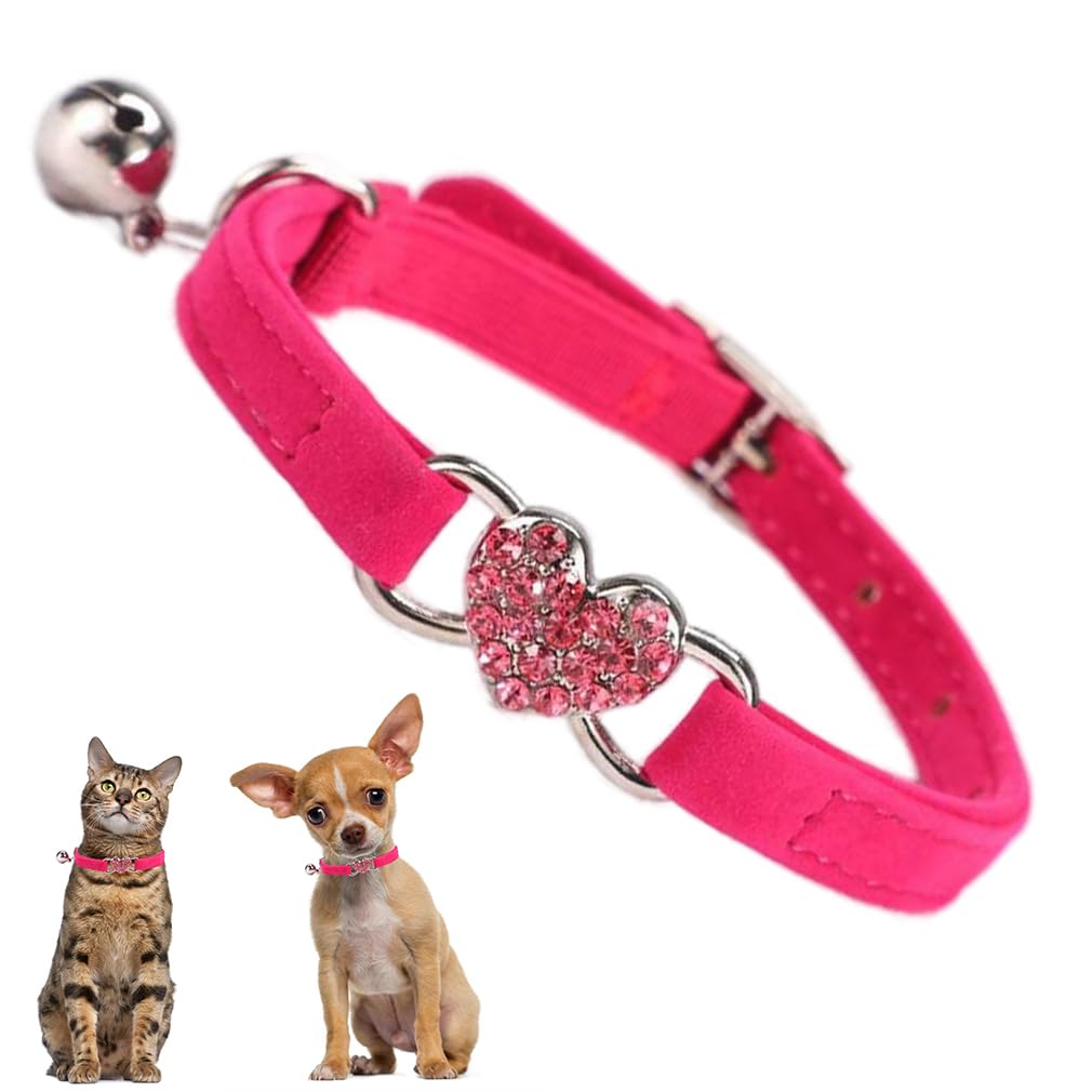 Puppy Collar with Bell Bling Diamond Heart Soft Velvet Cat Collars with Bells for Xs Tiny Dogs Girls Pet Kitten Hot Pink