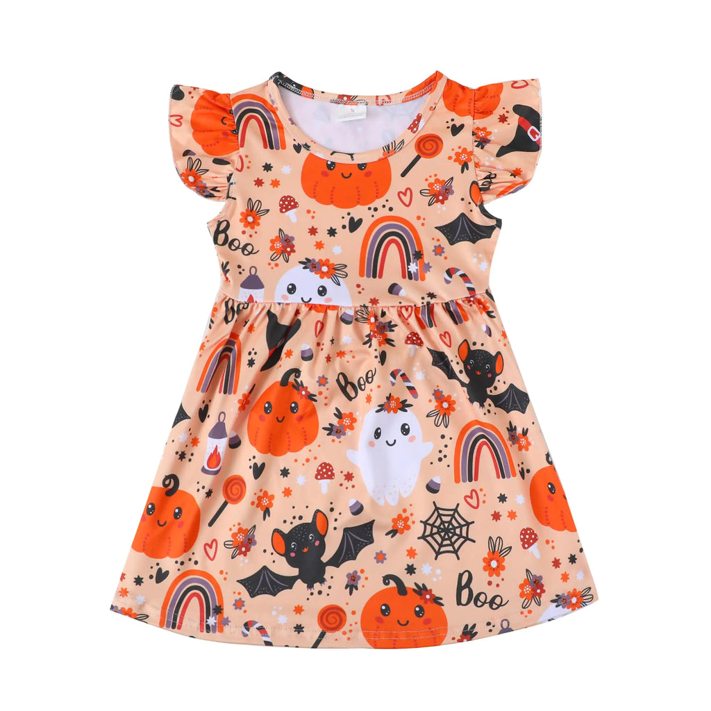 DACSOIT Halloween Thanksgiving Toddler Girl Dress Ghost Bat Print Ruffle Bottom Casual Dress Clothes 5-6Y - My Store