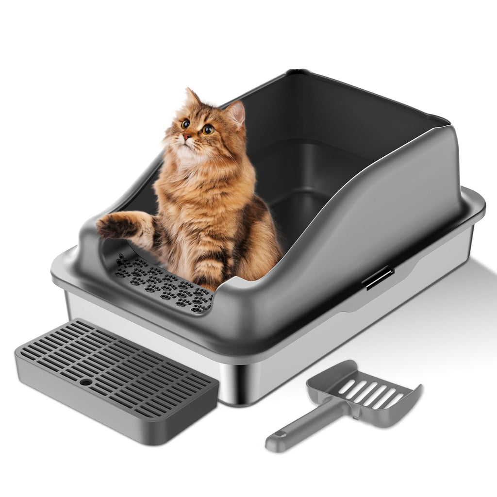 Stainless Steel Litter Box with Lid Scoop & Tray Metal Cat Litter Box Non-StickyAnti-LeakageEasy Cleaning Enclosed Cat Litter Boxes with High Wall Sides Enclosure