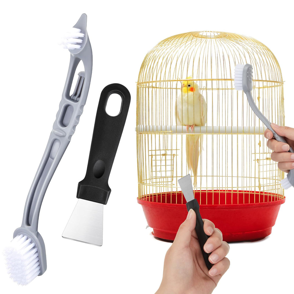 Teenyyou Bird Cage Cleaner with Two Brush Heads Stainless Steel Bird Droppings Cleaning Scraper Long Handle Tool for Cleaning Bird Parrot Cages Pet Supply Cage Accessory