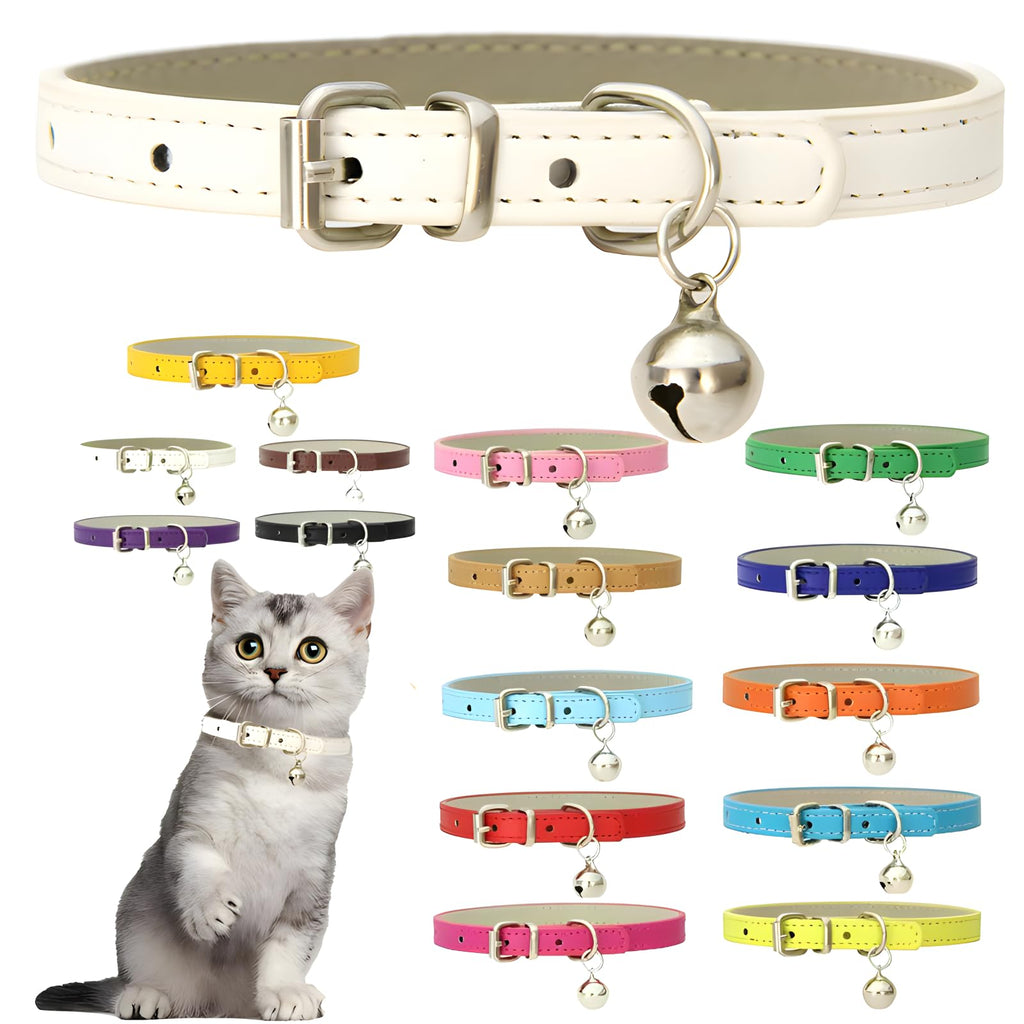 White XS Kitten Collar with Bell Soft Leather Puppy Collar with Bells Adjustable Basic Boys Girls Cat Collars for XXS XXsmal XSmall Pets Tiny Little Extra Small Breed Animal
