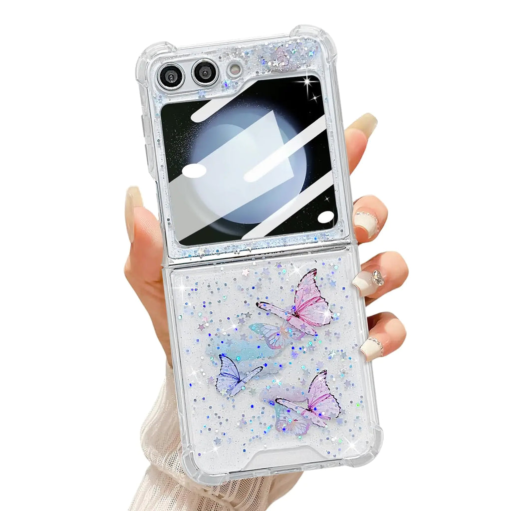 UEEBAI Case for Samsung Galaxy Z Flip 6 5G Pretty Bling Butterfly Glitter Case for Women Cute Shiny Sparkle Phone Case for Girls Butterfly Cover Four-Corner Shockproof Slim Fit Case - Pink