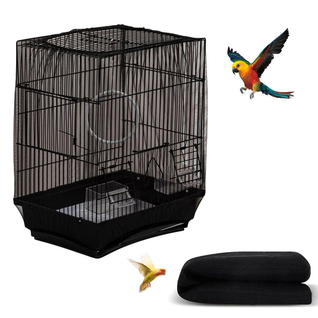 DECKALY Bird Cage Seed Catcher Universal Bird Cage Cover Soft Breathable Nylon Mesh Net Birdcage Cover Skirt Seed Guard for Parrot Parakeet Macaw African Round Square Cages (Solid-Black)