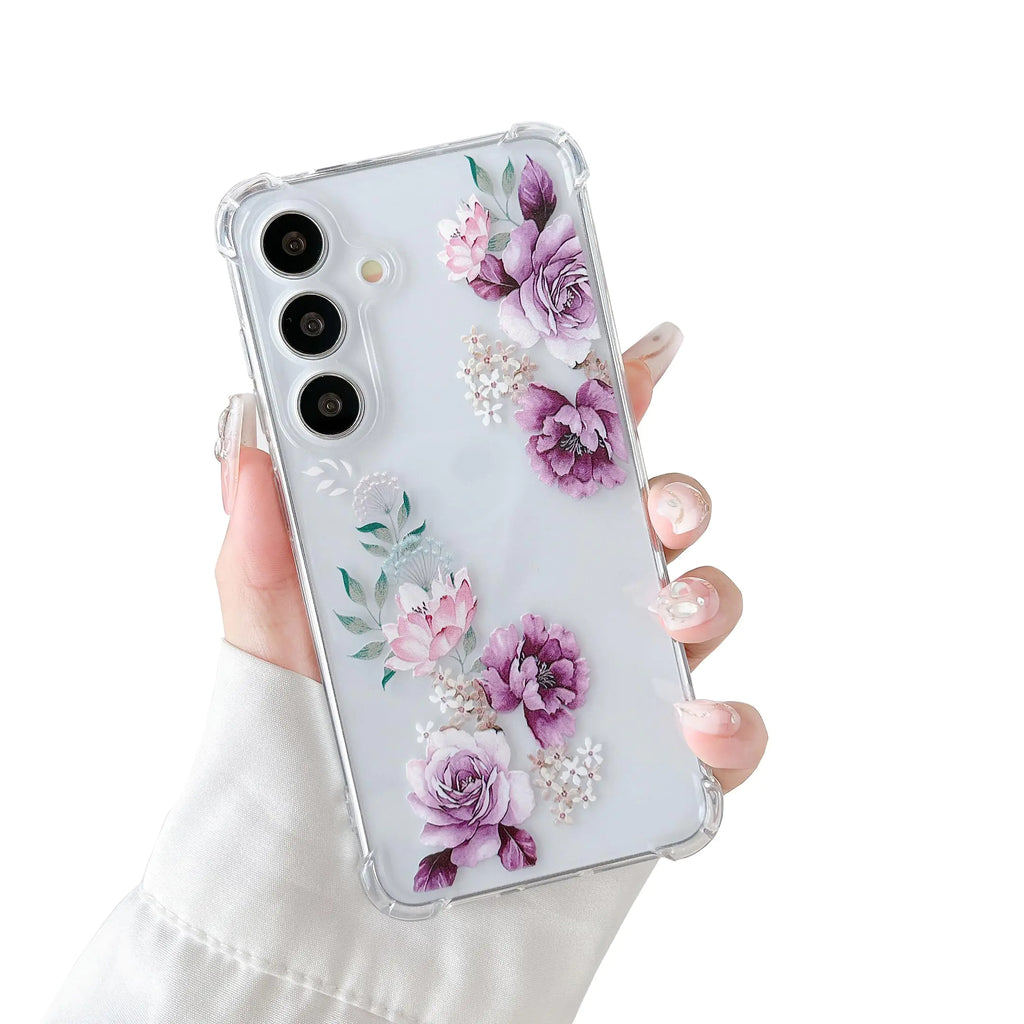 DEFBSC Soft Case Compatible with Samsung Galaxy S24 Clear Floral Flower Pattern Print Design Flexible TPU Shockproof Cover for Women Girls Flower Protective Phone Case Purple Peony